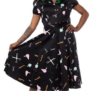 Hearts & Roses Scissors Hair Tools Print Salon Dress Sz 16 Button Down Black